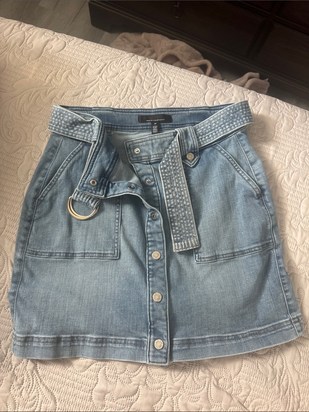 White House Black Market Light Blue Denim Mini Skirt with D-Ring Belt